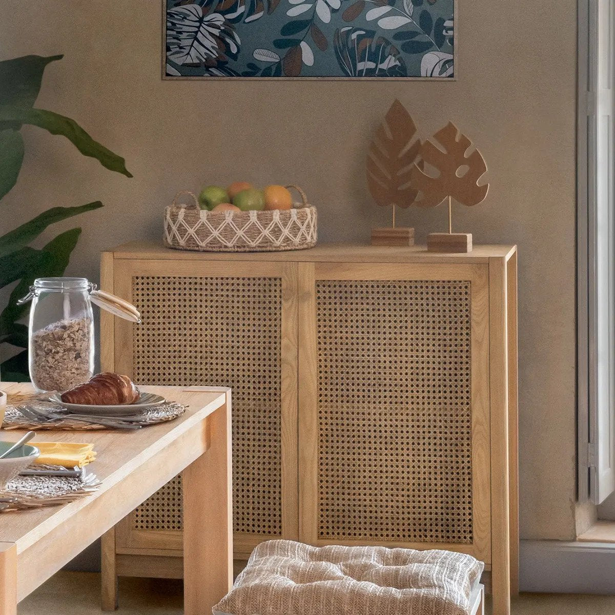 Atmosphera Dienblad/serveer plateau - Dia 38 cm - gevlochten en macrame - Naturel look - Metalen frame