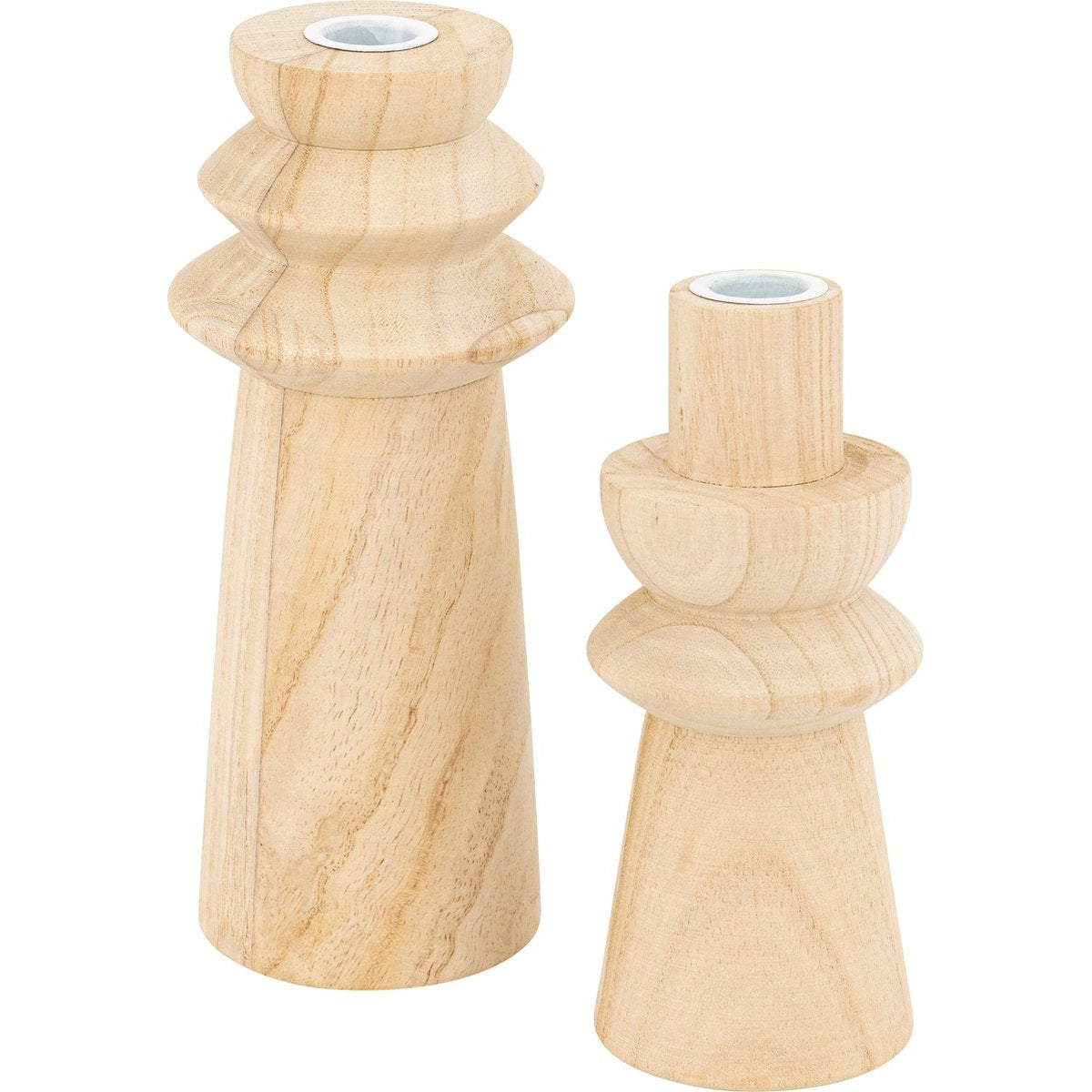 Atmosphera Houten Kandelaars - Set van 2 stuks - Ø11xH24cm - Beige