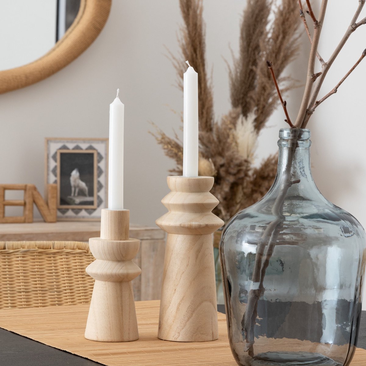 Atmosphera Houten Kandelaars - Set van 2 stuks - Ø11xH24cm - Beige