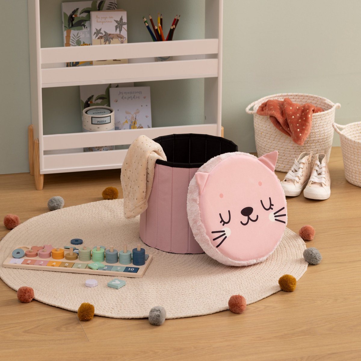 Atmosphera Kat Opvouwbare Poef - Opberger - Ø30xH38cm - Roze