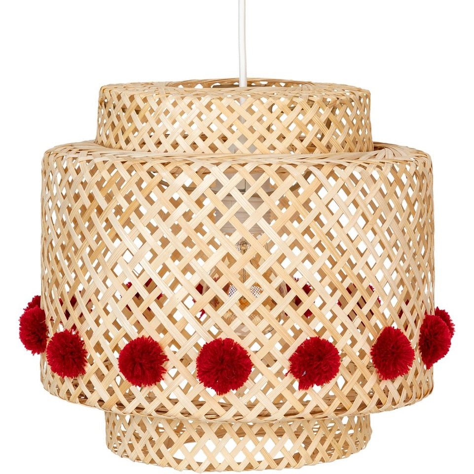 Atmosphera Kids kinderlamp/Hanglamp bamboe met pompons - Ø30xH28cm - Beige