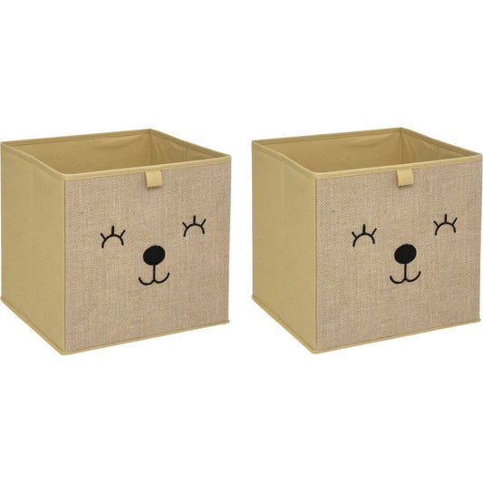 Atmosphera Opbergmand/kastmand beer - 2x - voor kinderen - karton/kunststof - bruin - 30 x 30 cm
