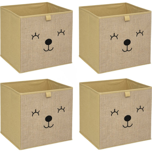 Atmosphera Opbergmand/kastmand beer - 4x - voor kinderen - karton/kunststof - bruin - 30 x 30 cm