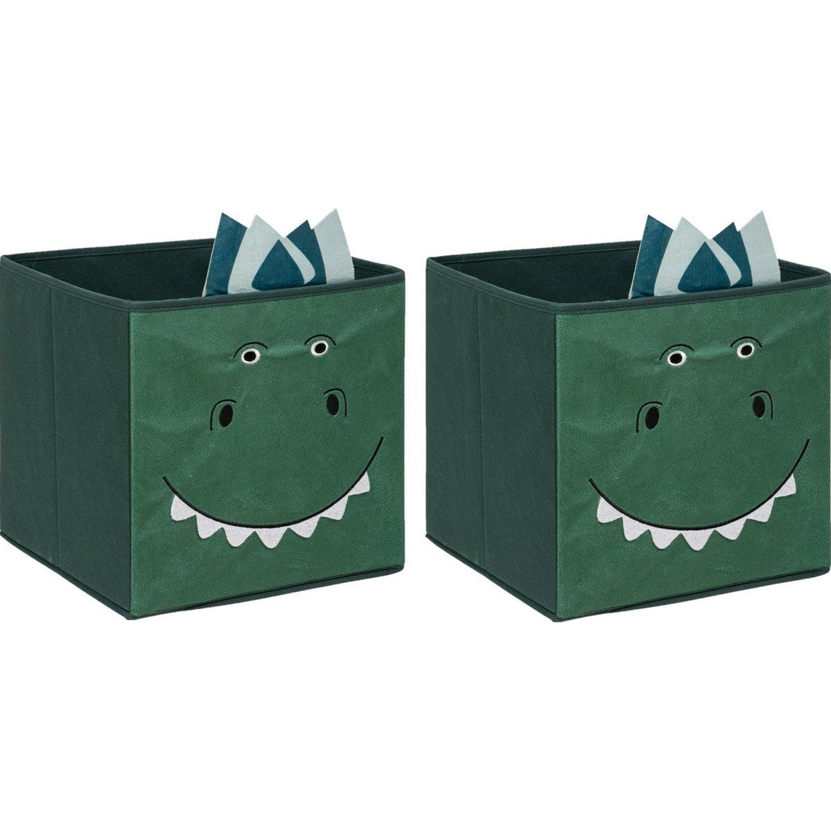 Atmosphera Opbergmand/kastmand dino - 2x - voor kinderen - karton/kunststof - groen - 30 x 30 cm
