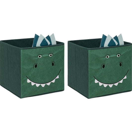 Atmosphera Opbergmand/kastmand dino - 2x - voor kinderen - karton/kunststof - groen - 30 x 30 cm