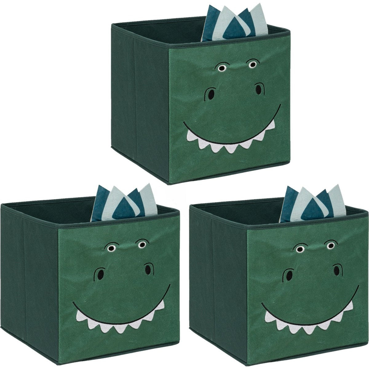 Atmosphera Opbergmand/kastmand dino - 3x - voor kinderen - karton/kunststof - groen - 30 x 30 cm