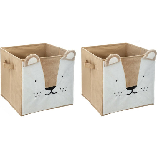 Atmosphera Opbergmand/kastmand leeuw - 2x - voor kinderen - karton/kunststof - bruin - 30 x 30 cm