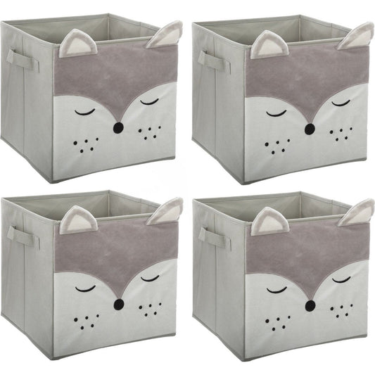 Atmosphera Opbergmand/kastmand vos - 4x - voor kinderen - karton/kunststof - grijs - 30 x 30 cm
