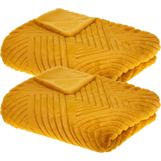 Atmosphera Plaid/bankdeken Amiens - 2x - okergeel - 180 x 230 cm - polyester fleece - strepenmotief - bedsprei