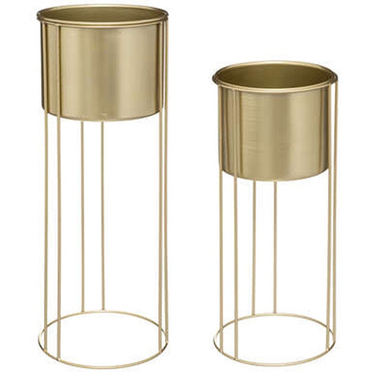 Atmosphera - Plantenpotten 2x op metalen standaard goud - D18 x H41/D21 en H58 cm