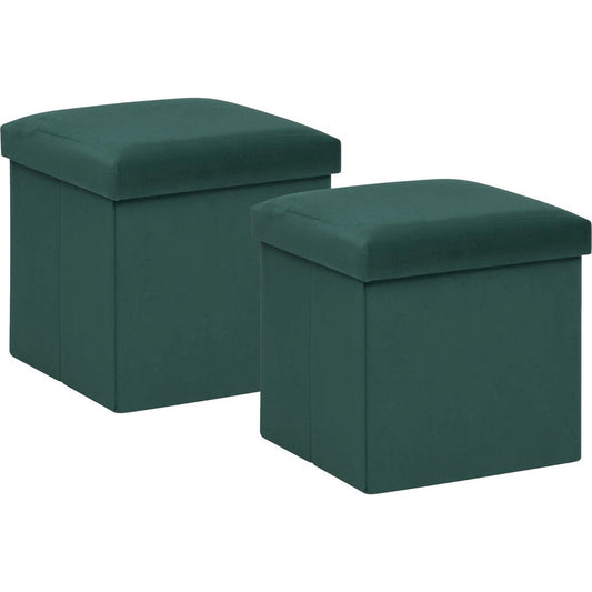 Atmosphera Poef/krukje/hocker Amber - 2x - Opvouwbare zit opslag box - fluweel smaragd groen - D38 x H38 cm - MDF/polyester