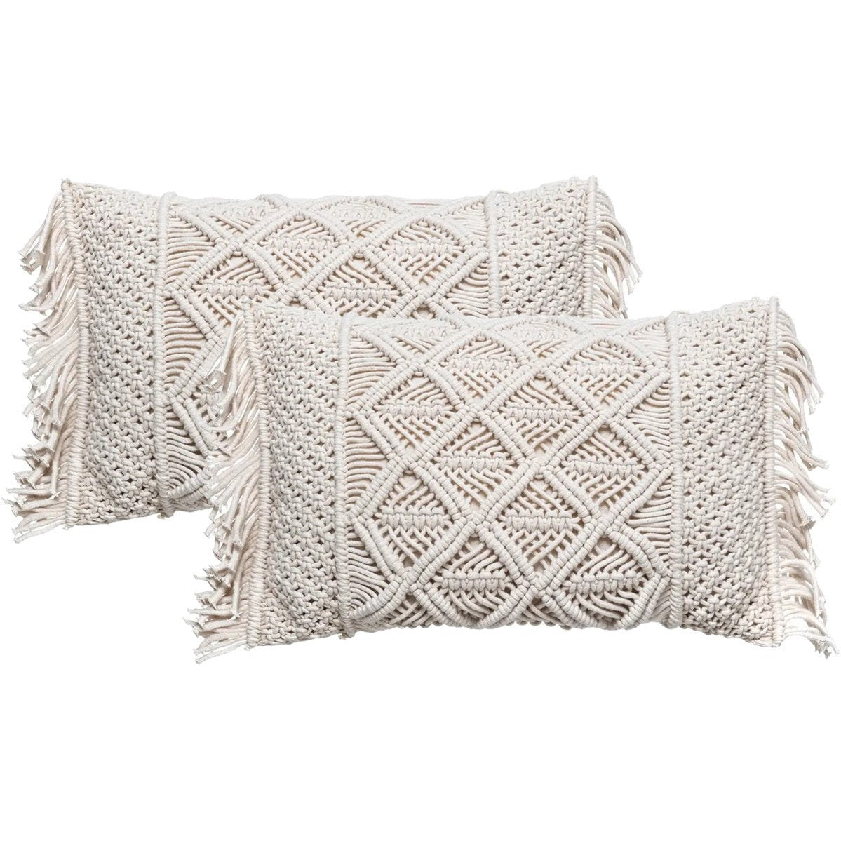 Atmosphera Sierkussen Macrame Ibiza voor binnen - 2x - ivoor wit - 30 x 50 cm - katoen/polyester
