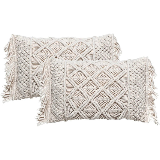 Atmosphera Sierkussen Macrame Ibiza voor binnen - 2x - ivoor wit - 30 x 50 cm - katoen/polyester