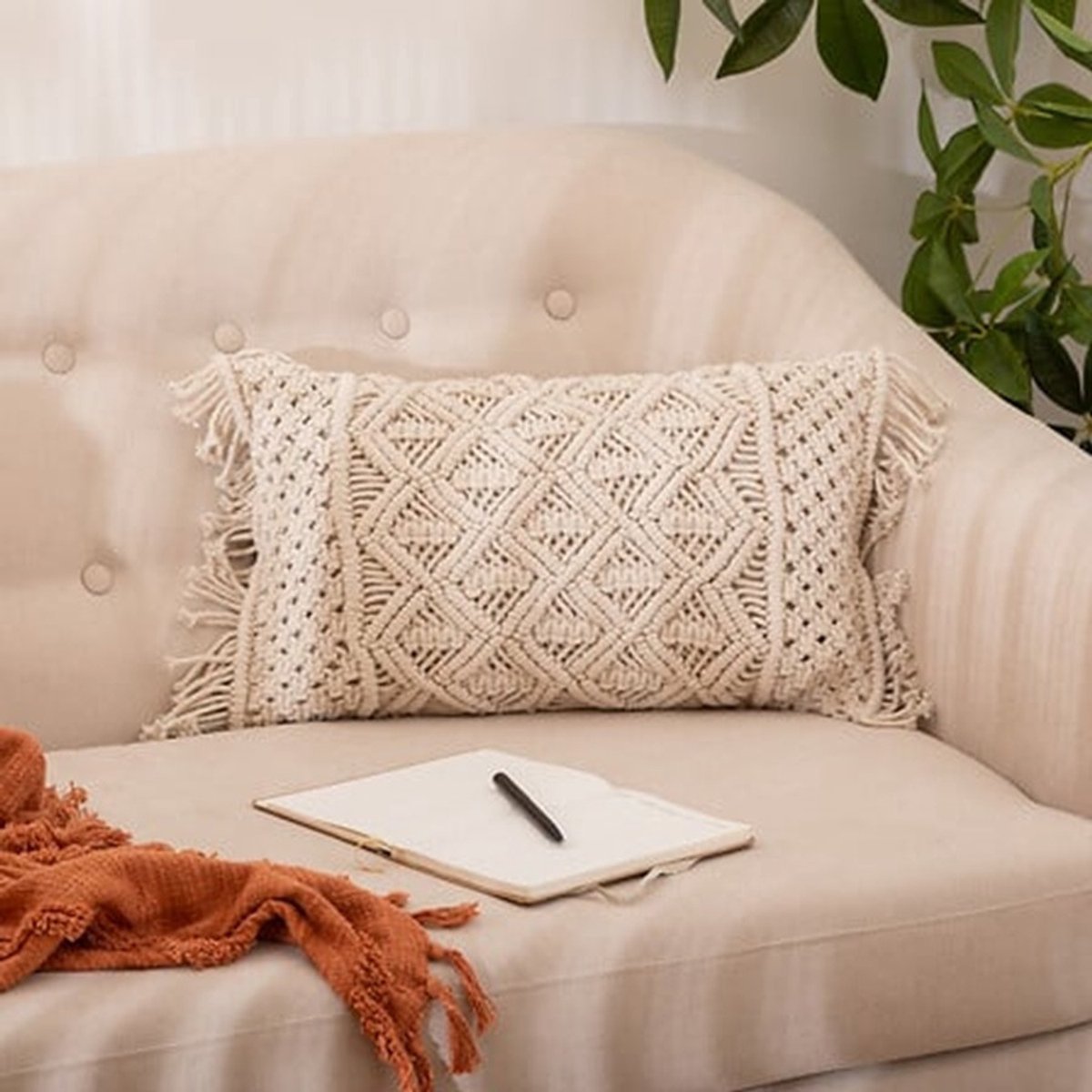 Atmosphera Sierkussen Macrame Ibiza voor binnen - 2x - ivoor wit - 30 x 50 cm - katoen/polyester