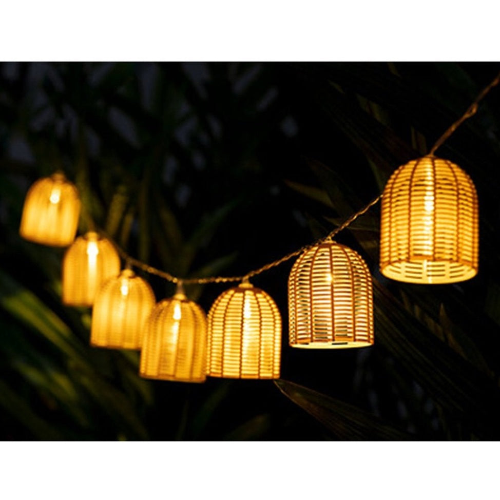 Atmosphera Solar tuin lantaarns lichtsnoer - naturel - rotan kunststof - 335 cm - buiten - Led licht