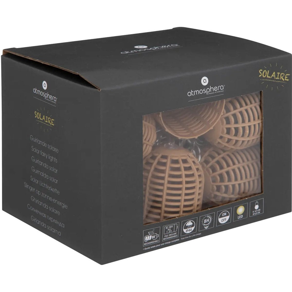 Atmosphera Solar tuin lantaarns lichtsnoer - naturel - rotan kunststof - 335 cm - buiten - Led licht