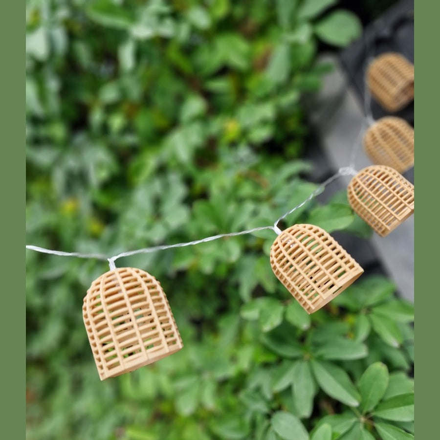 Atmosphera Solar tuin lantaarns lichtsnoer - naturel - rotan kunststof - 335 cm - buiten - Led licht