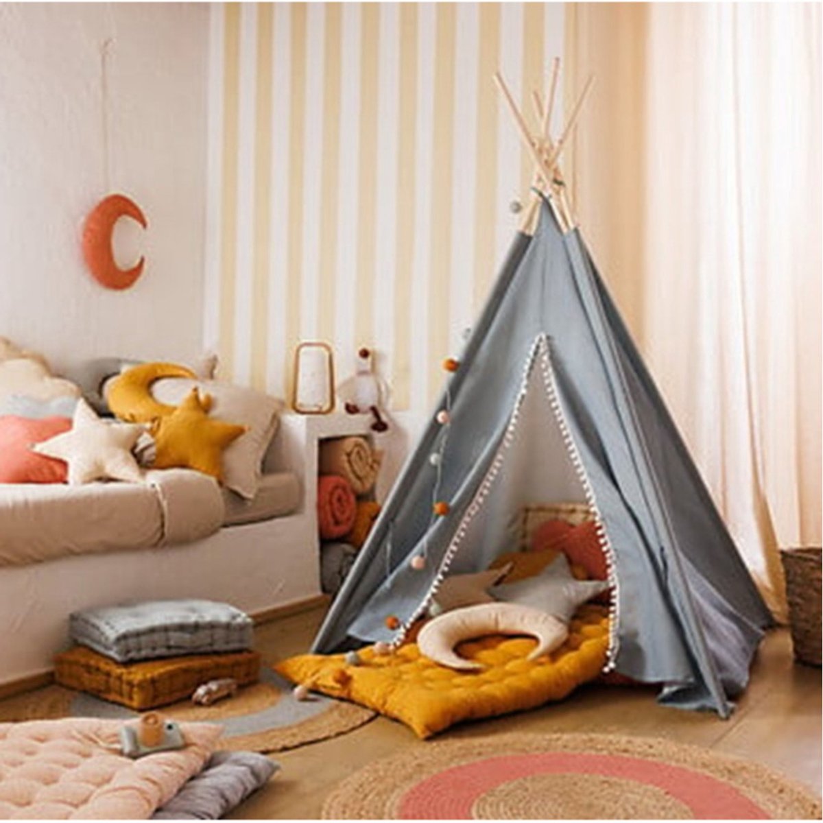 Atmosphera Vloerkussen Matras - blauw - polyester/katoen - 120 x 60 x 5 cm - Extra lang - spelen - gamen - relaxen - oefeningen - MODESTNOVA