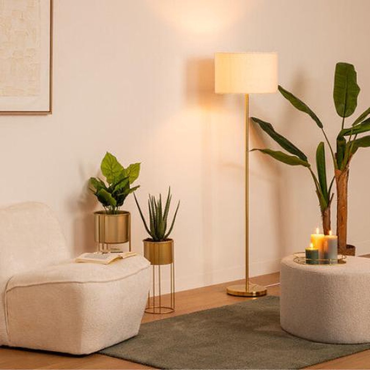 Atmosphera Vloerlamp Tina bouclé Ø37xH150cm - E27, niet begrepen - Goud