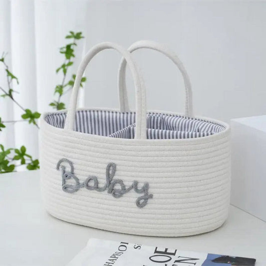 Baby Luiermand voor op de Commode – Opbergmand met 3 Vakken & Handgrepen – Wit met Grijze Letters Baby – Organizer voor Luiers, Doekjes en Accessoires - Luiertas Commodemandje - Baby Organizer