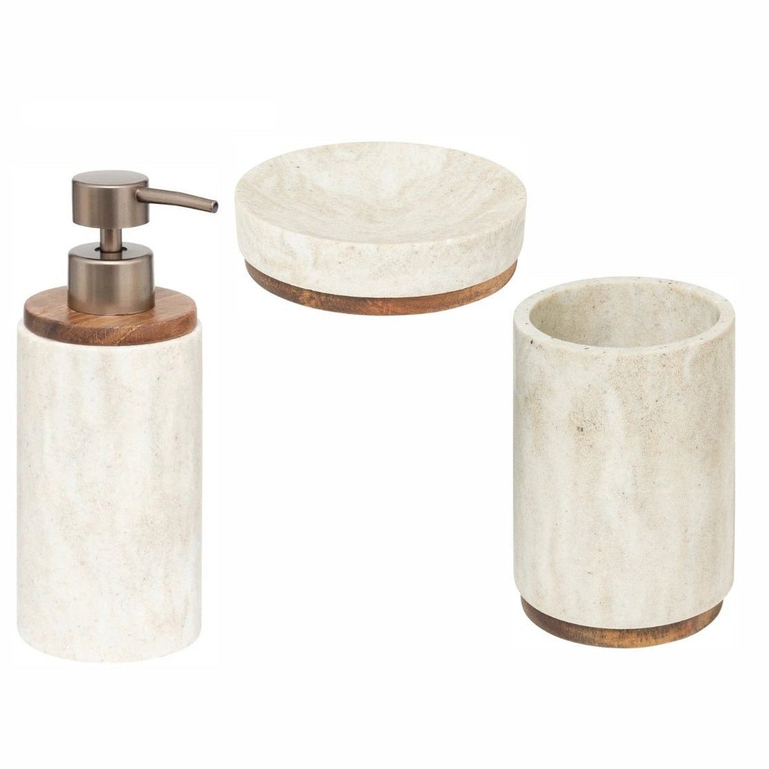 Badkamer/WC Setje 3-Delig – Zeepbakje, Tandenborstelhouder & Zeeppompje – Marmereffect Beige/Wit – Polyresin Kunststeen