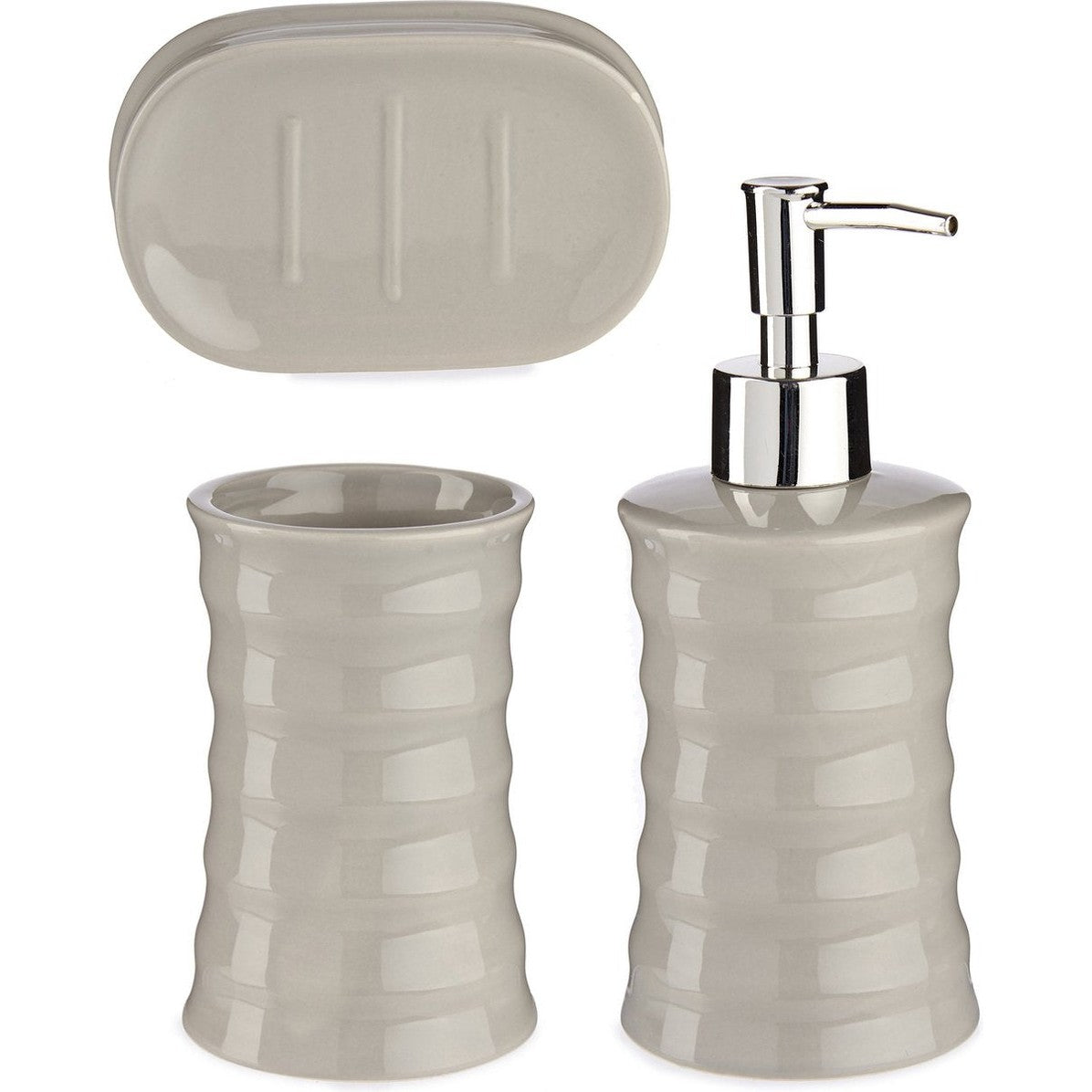 Badkamer accessoires set met strepen 3-delig kiezel grijs van keramiek - Schaaltje - Zeeppompje - Beker