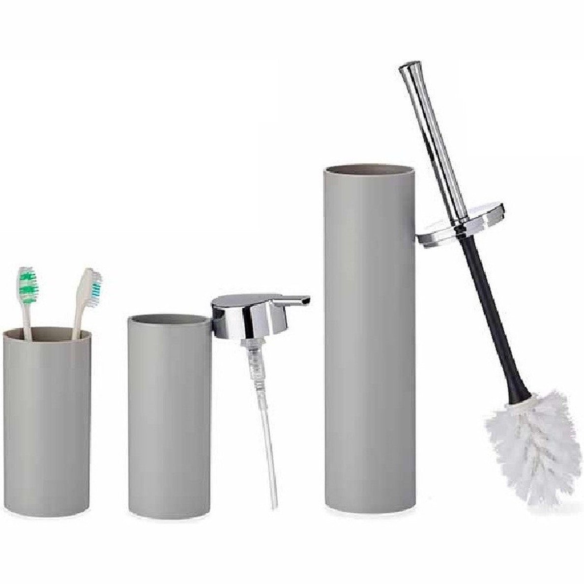 Badkamer set toiletborstel + zeeppompje + beker grijs van kunststof