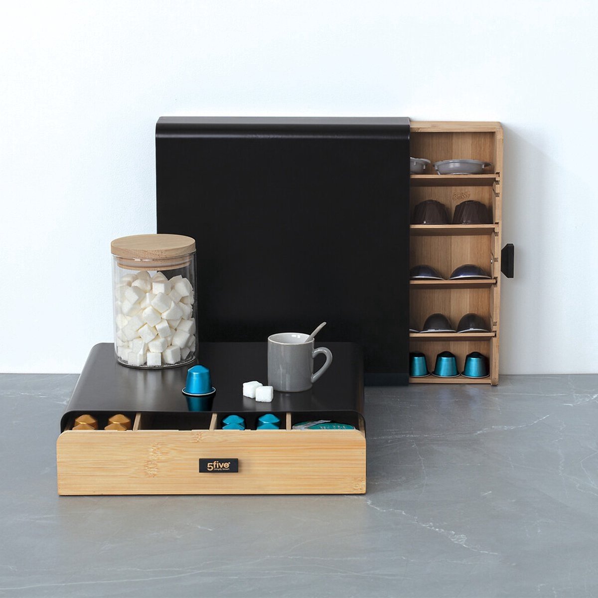 Capsule houder van metaal zwart en bamboe naturel | Geschikt voor koffie cups van Nespresso, Vertuo, Dolce Gusto