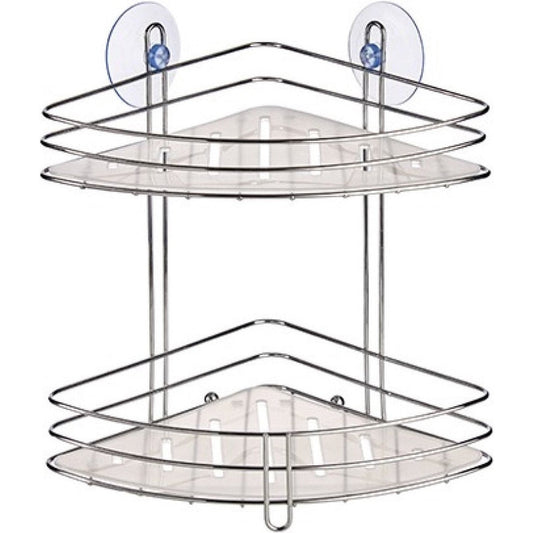 Chroom doucherek/badkamerrek hoek 2-laags met zuignappen 20 x 27 cm - Doucherekje zonder boren