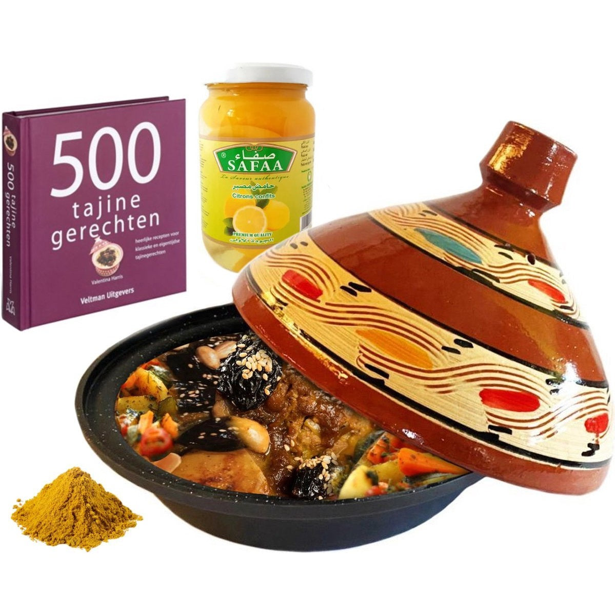 Complete tajine cadeau pakket. - kookboek - kruiden - ingelegde citroenen