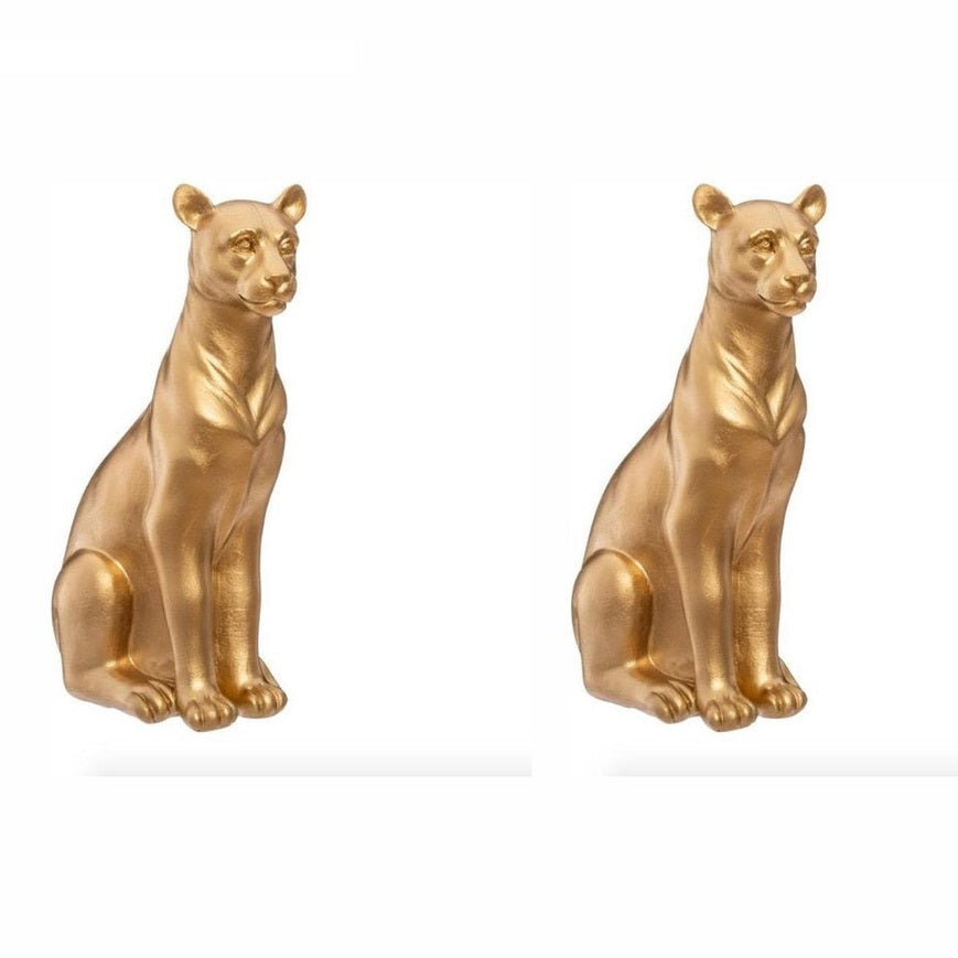 Decoratief Beeld Panter - Set van 2 - Polyresin - Goudkleurig - 23 cm Hoog - Dierenbeeldjes - Decoratie Beeld - Panter Beeld