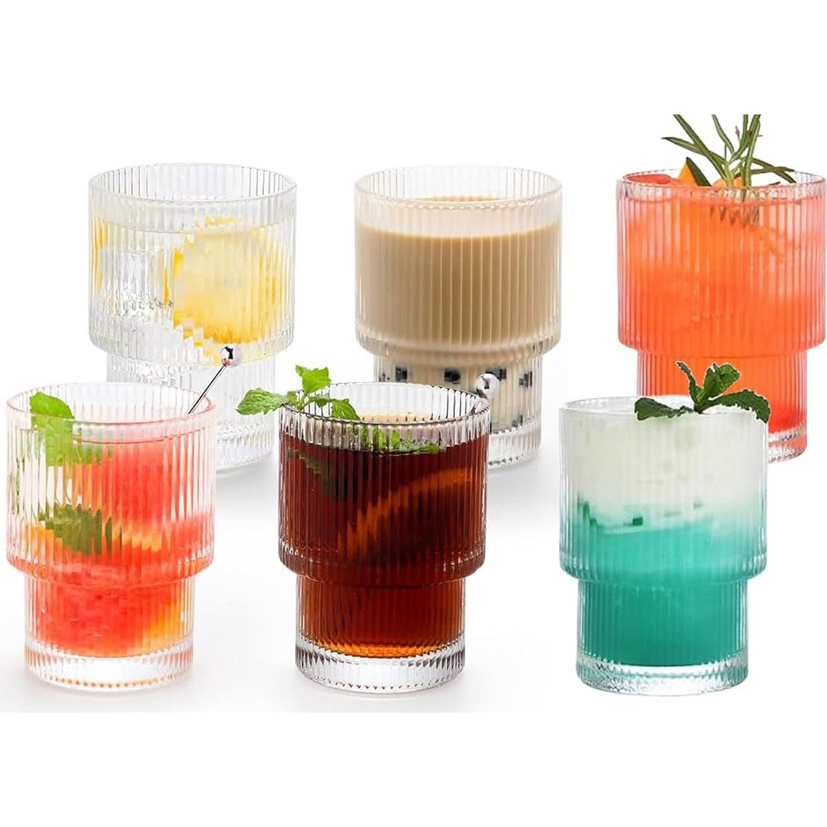 Geribbelde Drinkglas- koffie glas – 185 ml – Set van 6 - cocktailglazen, ijskoffieglazen, longdrinkglazen,