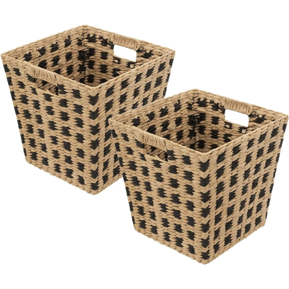 Gevlochten rieten opbergmand - 2x - vierkant - beige/zwart - 31x31x31 cm - Kast-/badkamer mandjes
