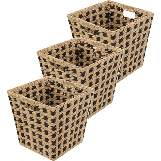 Gevlochten rieten opbergmand - 3x - vierkant - beige/zwart - 31x31x31 cm - Kast-/badkamer mandjes
