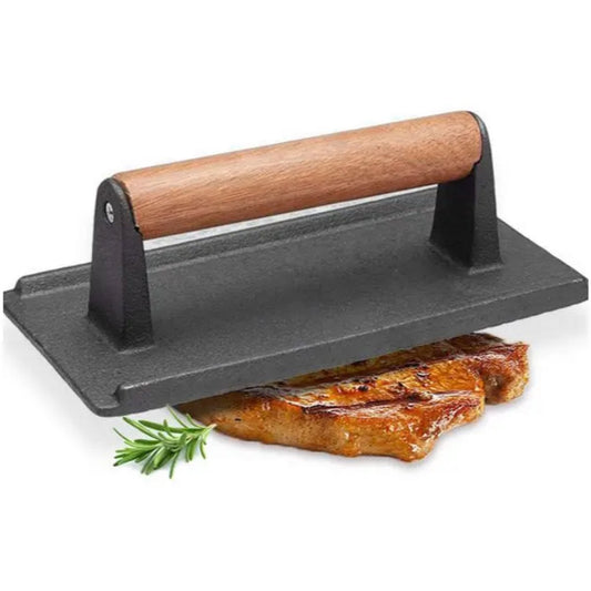 Gietijzeren Hamburgerpress XL – Zware Grill- en BBQ Press voor Hamburgers, Smashburgers en Vlees – Rechthoek – Met Houten Handvat - Vleespress - Press voor gegrilde groenten