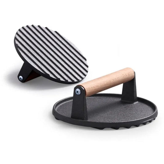 Gietijzeren Hamburgerpress XL – Zware Grill- en BBQ Press voor Hamburgers, Smashburgers en Vlees – 17,5 cm – Met Houten Handvat - Vleespress - Press voor gegrilde groenten - Rond