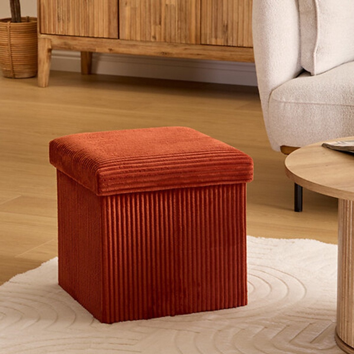 Hocker / Poef Essestial Ribcord - opvouwbaar - donkerrood - MDF/polyester - 38 x 38 cm - met opbergruimte - extra zitplaatsen - MODESTNOVA