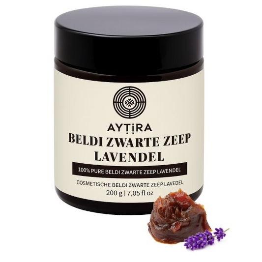 AYTIRA Beldi Schwarze Seife Lavendel – Marokkanische Savon Beldi mit Lavendelöl – Natürliche Olivenseife – 200 g