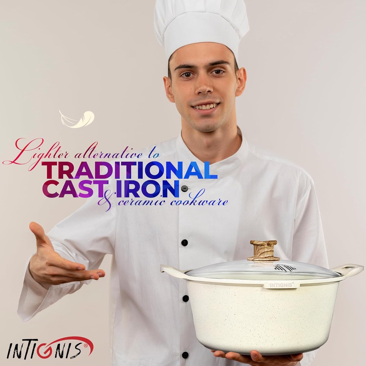 INTIGNIS® Braadpan met Deksel – 32 cm (10 liter) – GREBLON Keramische Antiaanbaklaag – Geschikt voor Inductie, Gas & Elektrisch – Inclusief Glasdeksel - Wit