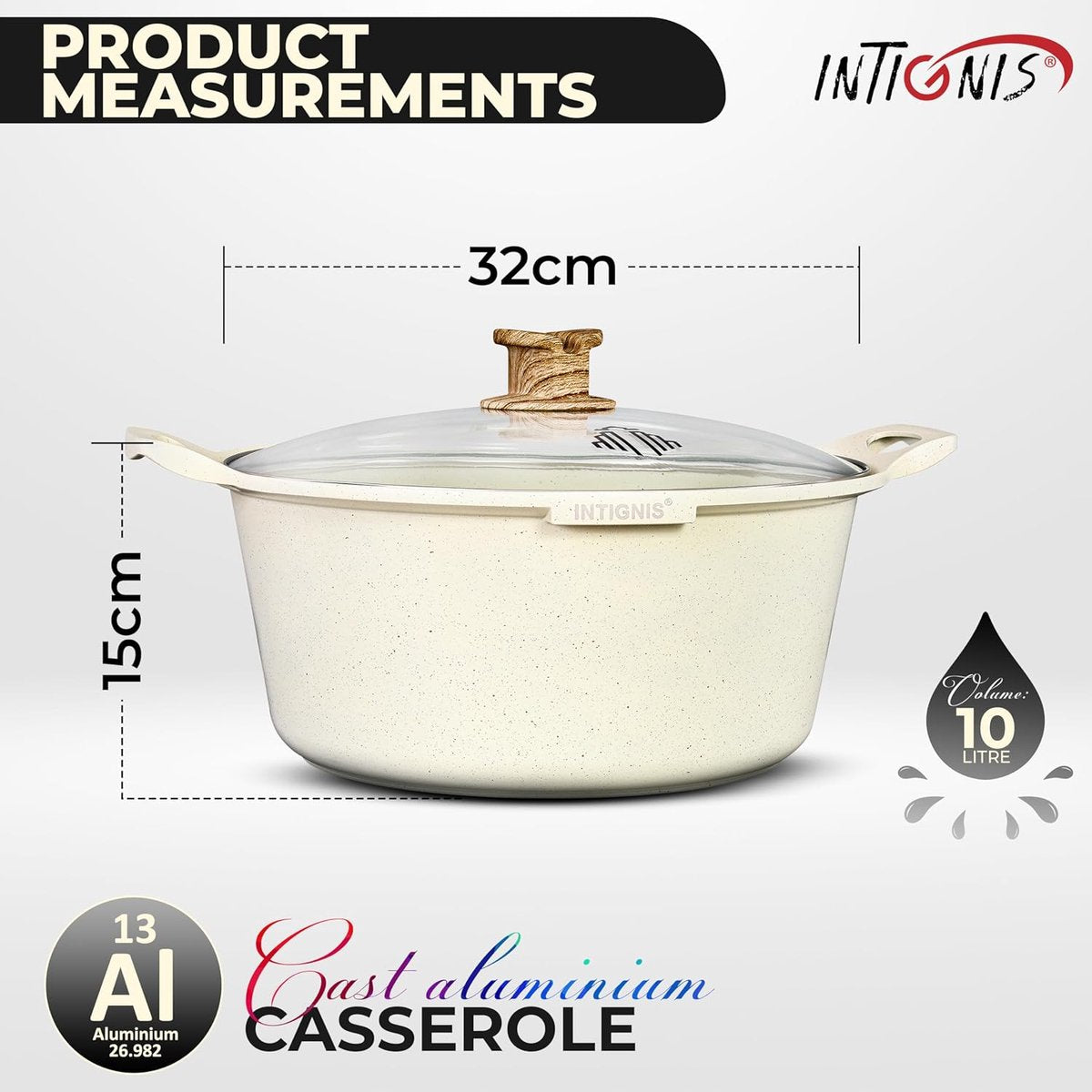 INTIGNIS® Braadpan met Deksel – 32 cm (10 liter) – GREBLON Keramische Antiaanbaklaag – Geschikt voor Inductie, Gas & Elektrisch – Inclusief Glasdeksel - Wit