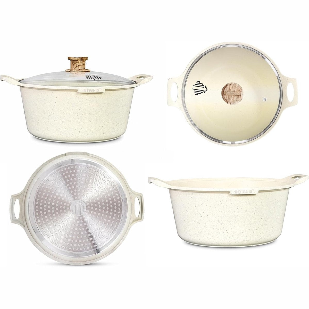 INTIGNIS® Braadpan met Deksel – 32 cm (10 liter) – GREBLON Keramische Antiaanbaklaag – Geschikt voor Inductie, Gas & Elektrisch – Inclusief Glasdeksel - Wit