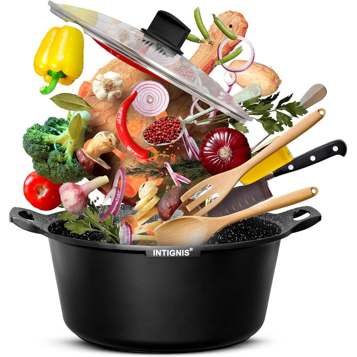 INTIGNIS® Braadpan met Deksel – 36 cm (14 liter) – GREBLON Keramische Antiaanbaklaag – Geschikt voor Inductie, Gas & Elektrisch – Inclusief Glasdeksel