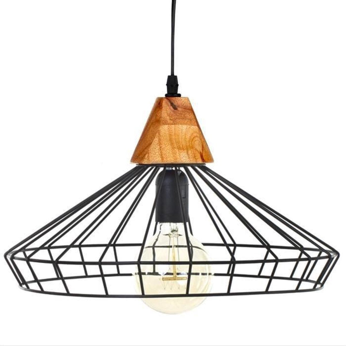 Industriële hanglamp - Metaal + hout - 38 x 22,5 cm - Zwart