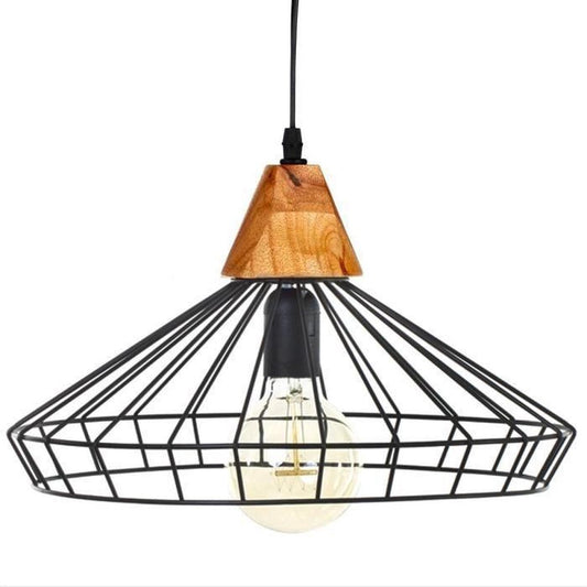 Industriële hanglamp - Metaal + hout - 38 x 22,5 cm - Zwart