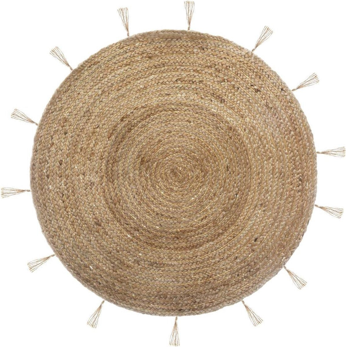 Jute Vloerkleed Naturel met Goud 80cm | Klein rond Vloerkleed | Vloerkleed Naturel/Goud met franjes