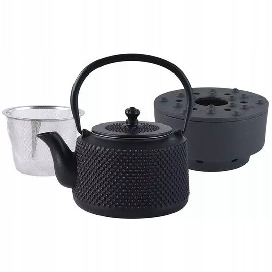 KINGHOFF - Gietijzeren Theeset met Theepot (0,8L), RVS Zeef en Warmhouder - Zwart