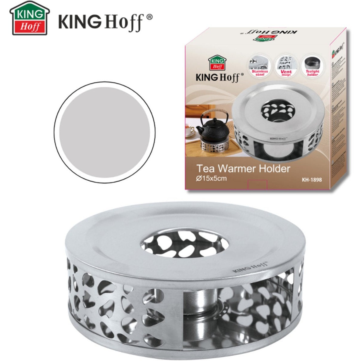 KINGHOFF KH-1898 Theewarmer – RVS, Ø15 cm, Langdurige Warmtebehoud voor Theepotten en Karaffen - Theepot Verwarmer - Waxinelichthouder