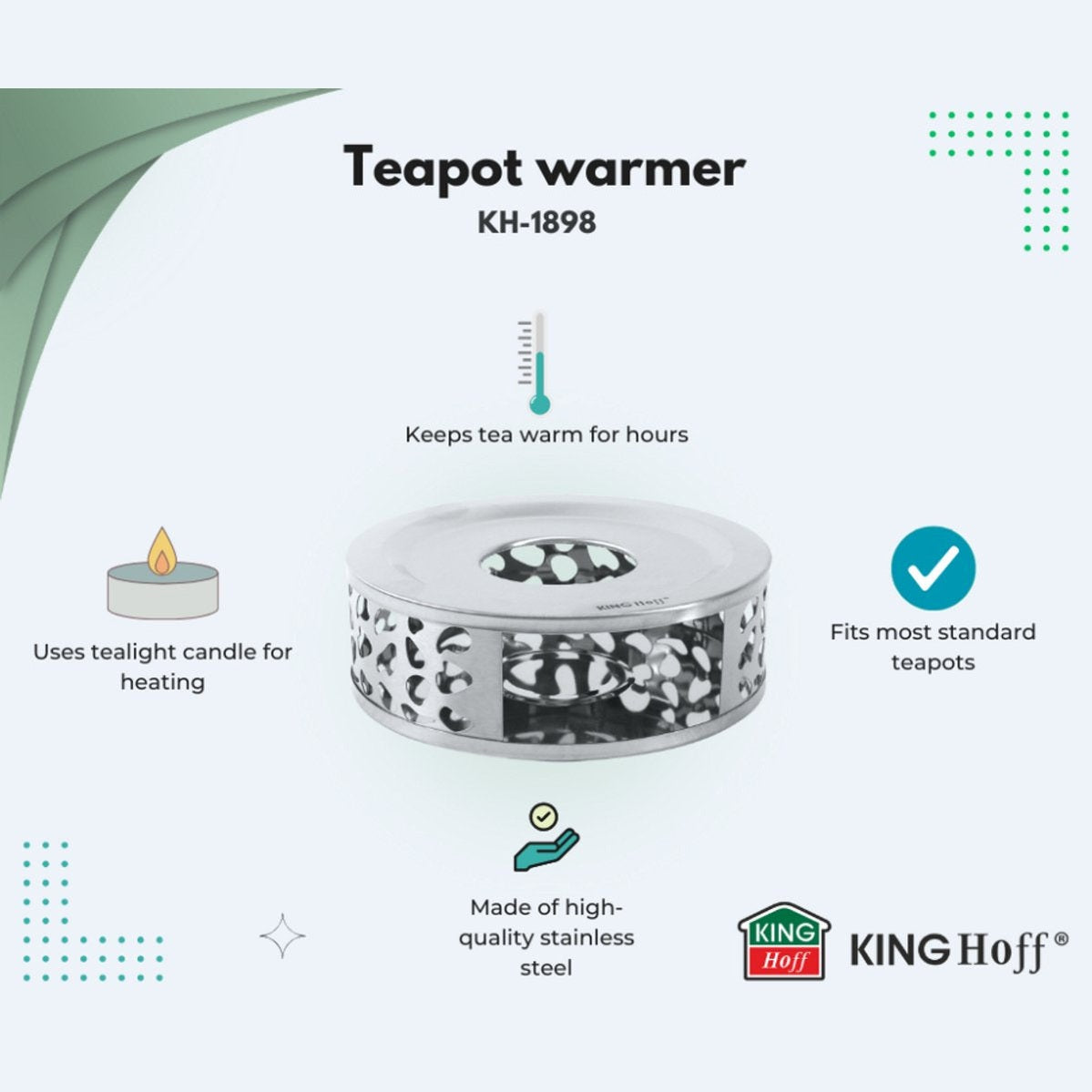 KINGHOFF KH-1898 Theewarmer – RVS, Ø15 cm, Langdurige Warmtebehoud voor Theepotten en Karaffen - Theepot Verwarmer - Waxinelichthouder