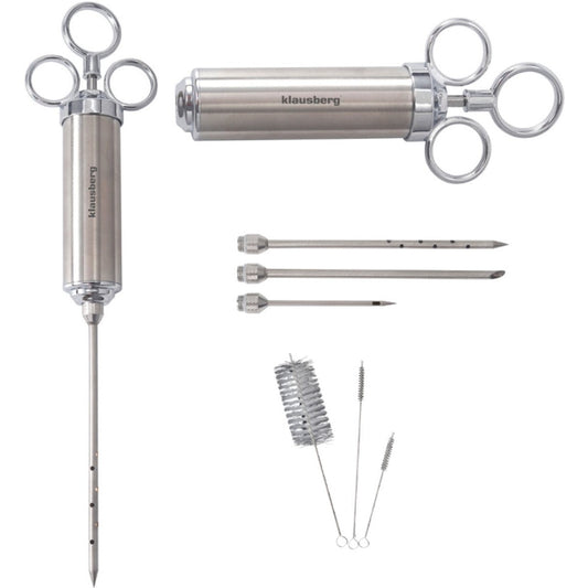 KLAUSBERG KB-7842 Vlees Marinade Spuit – RVS, 60 ml, Set met 3 Naalden & Accessoires - BBQ Accesoire - Vlees Injectiespuit - Injector