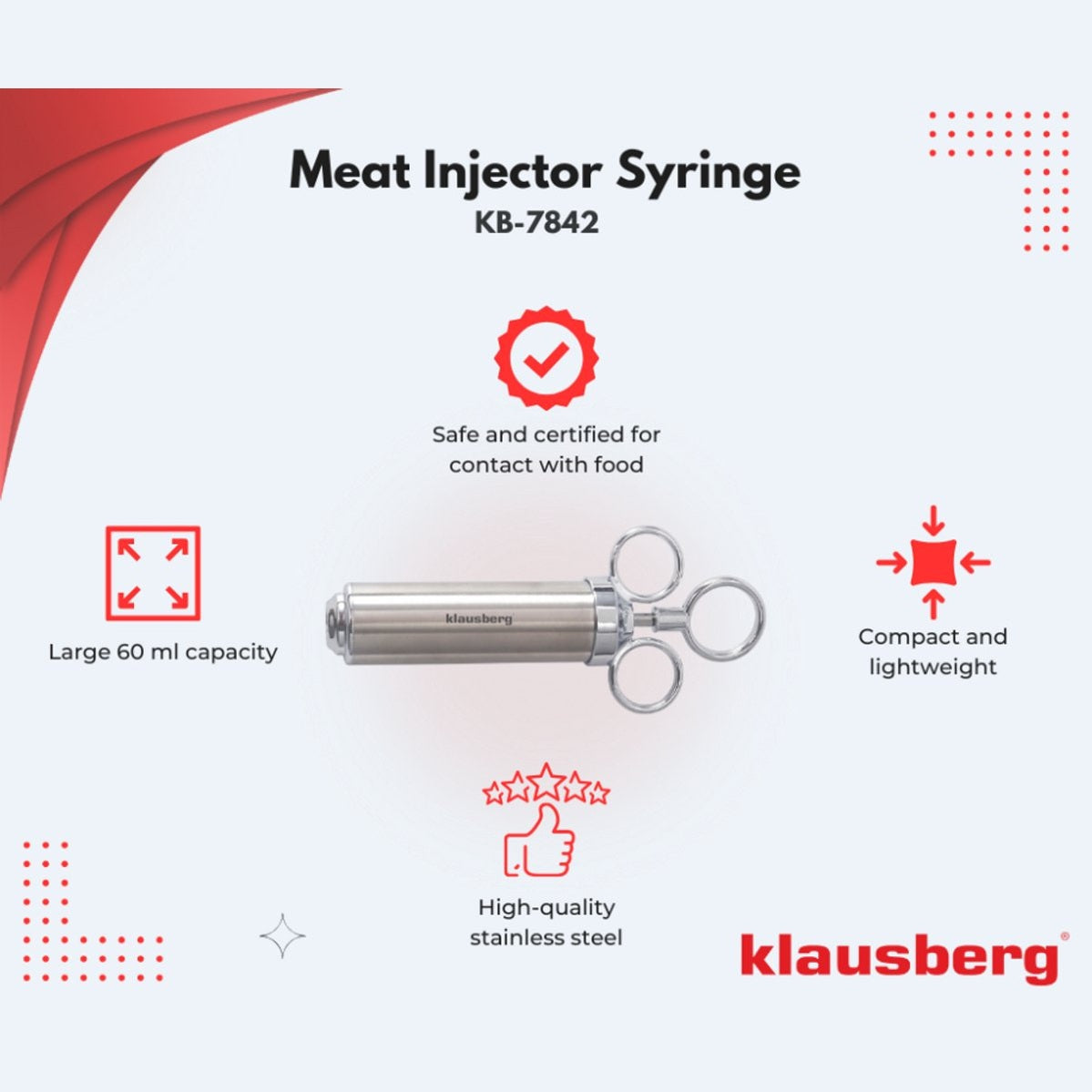 KLAUSBERG KB-7842 Vlees Marinade Spuit – RVS, 60 ml, Set met 3 Naalden & Accessoires - BBQ Accesoire - Vlees Injectiespuit - Injector